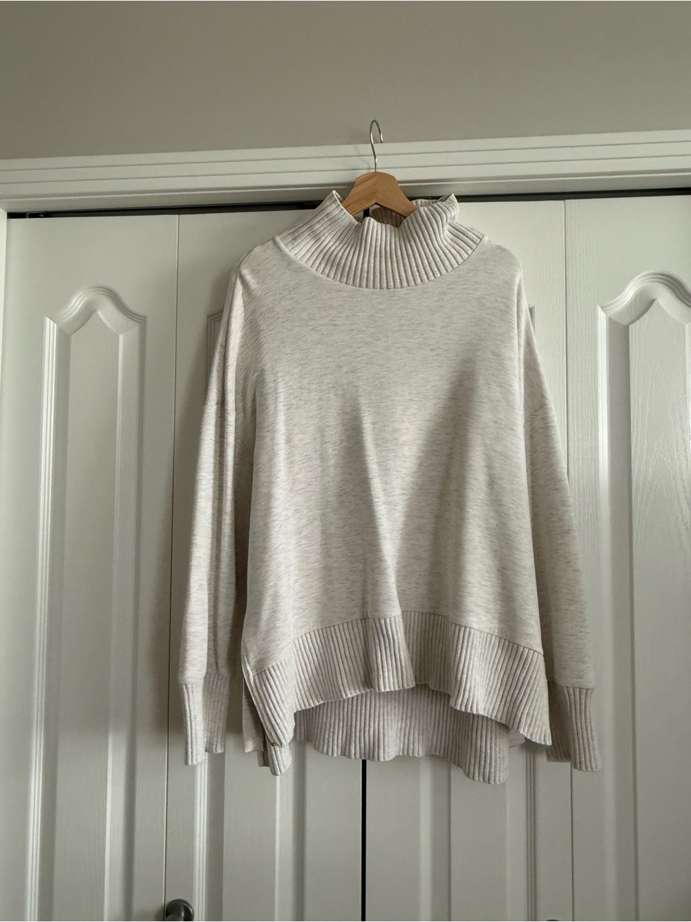 Varley Cream Ribbed Funnel Neck Sweater